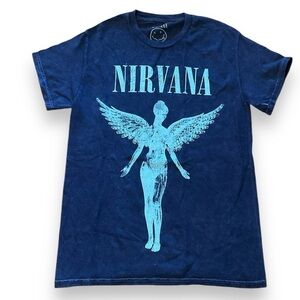 NEW Nirvana Blue Acid Wash Angel Crewneck Graphic Print Band Tee Size Small